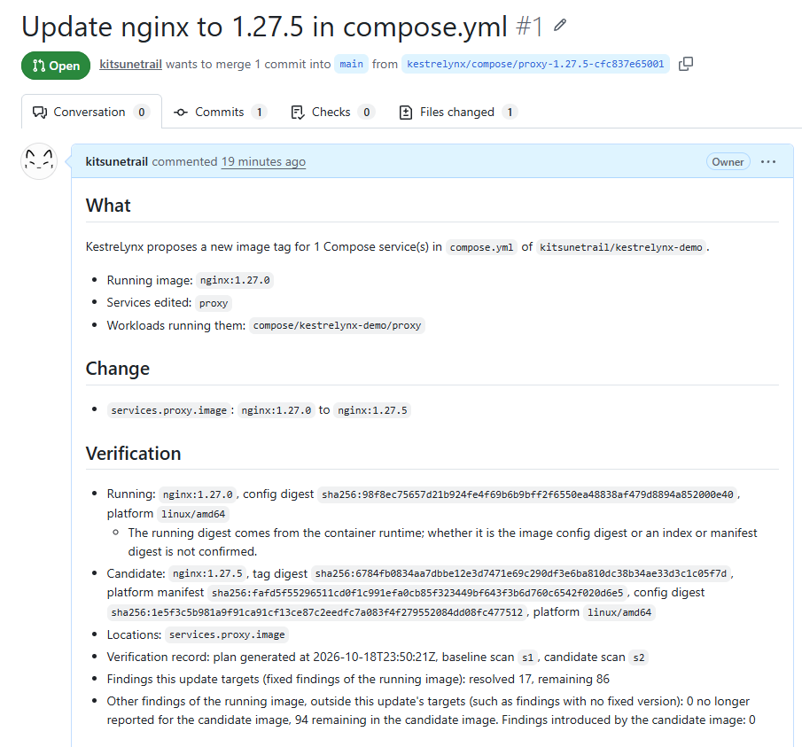 GitHub PR body with What, Change, and Verification sections, including 94 other findings remaining and no introduced findings