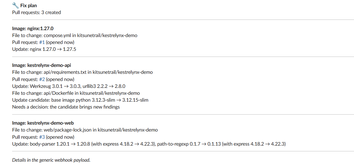 Slack fix plan showing Compose, pip, and npm update PRs and a Dockerfile base update requiring a decision