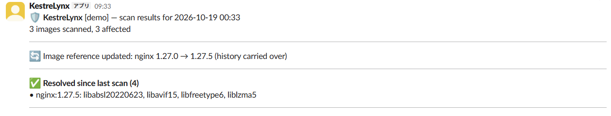 Slack scan notification showing the nginx image update and resolutions for libabsl20220623, libavif15, libfreetype6, and liblzma5